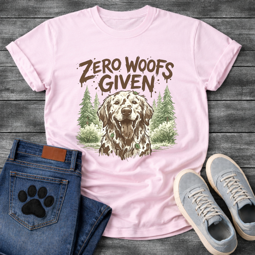 Zero woofs given rustic dog shirt with golden retriever and pine trees design