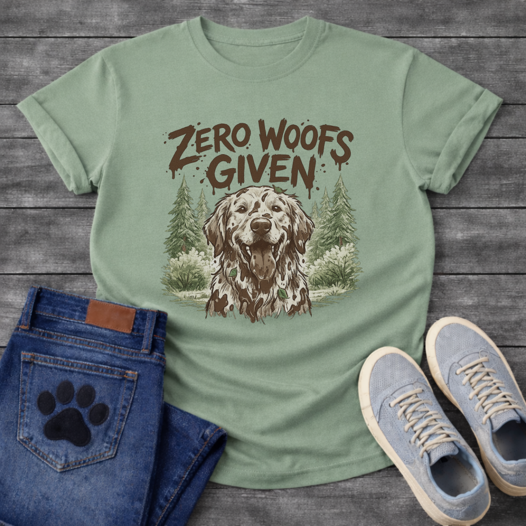 Zero woofs given rustic dog shirt with golden retriever and pine trees design