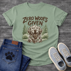 Zero woofs given rustic dog shirt with golden retriever and pine trees design