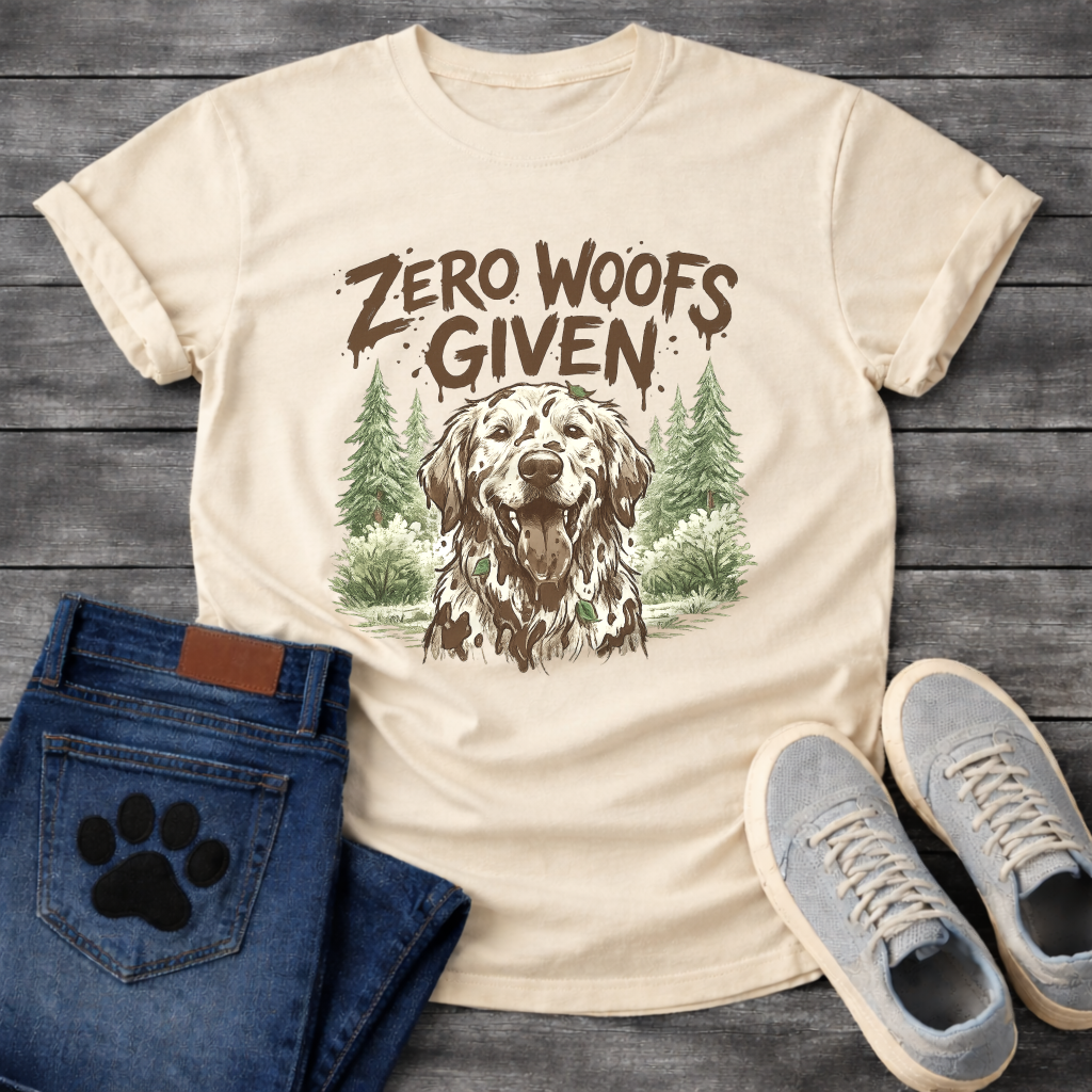 Zero woofs given rustic dog shirt with golden retriever and pine trees design