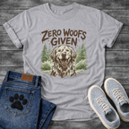 Zero woofs given rustic dog shirt with golden retriever and pine trees design