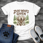 Zero woofs given rustic dog shirt with golden retriever and pine trees design