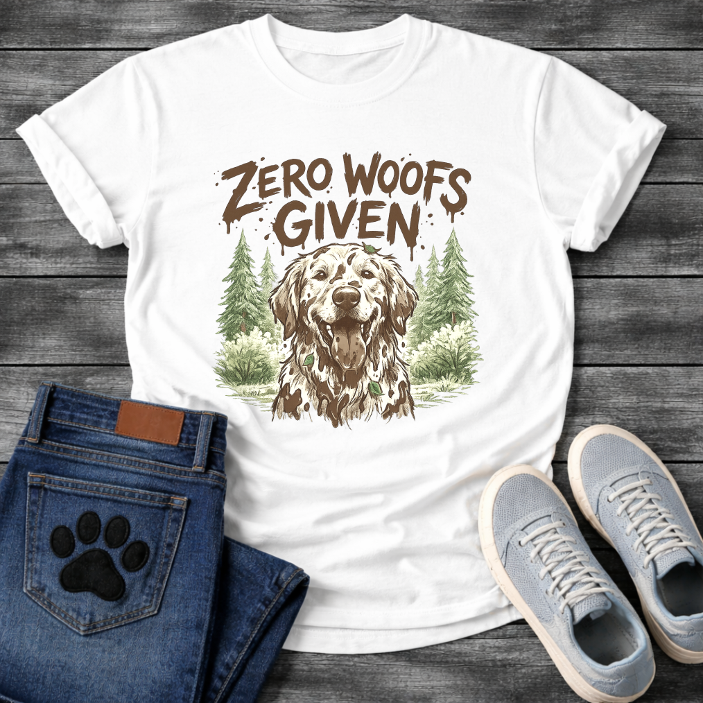 Zero woofs given rustic dog shirt with golden retriever and pine trees design