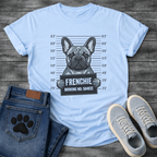 Blue French Bulldog mugshot illustration holding Frenchie Booking No 584932 sign graphic tee