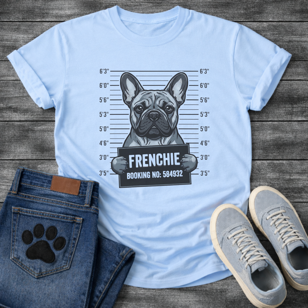 Blue French Bulldog mugshot illustration holding Frenchie Booking No 584932 sign graphic tee