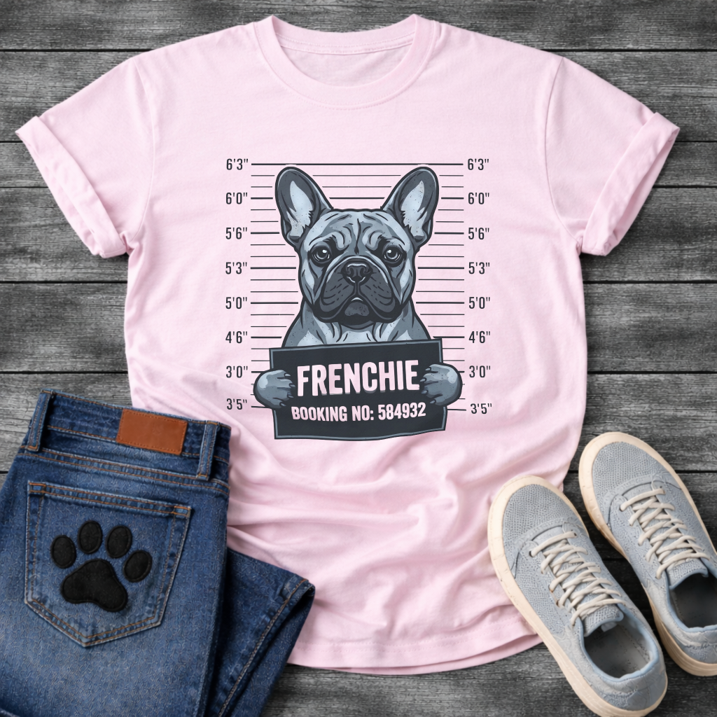 Blue French Bulldog mugshot illustration holding Frenchie Booking No 584932 sign graphic tee