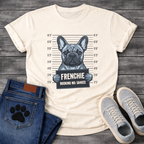 Blue French Bulldog mugshot illustration holding Frenchie Booking No 584932 sign graphic tee