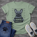 Blue French Bulldog mugshot illustration holding Frenchie Booking No 584932 sign graphic tee