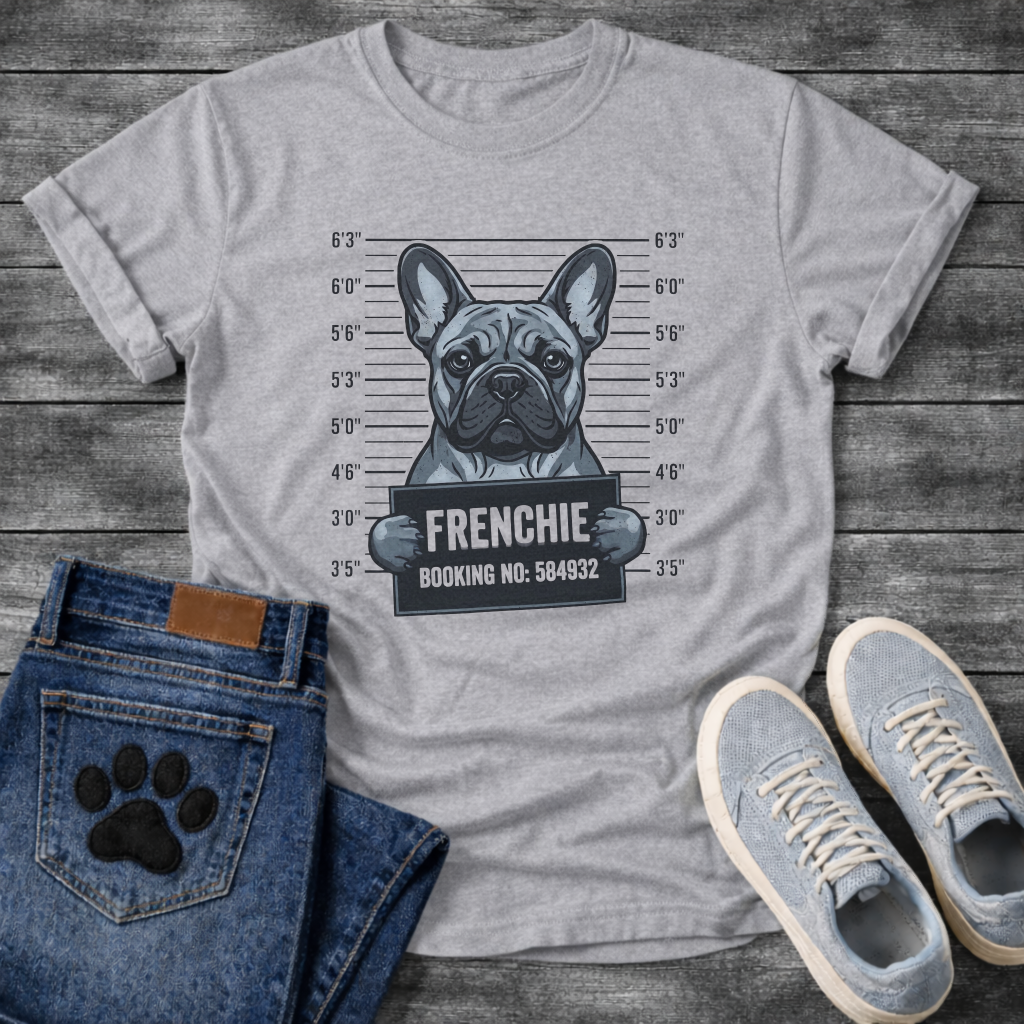 Blue French Bulldog mugshot illustration holding Frenchie Booking No 584932 sign graphic tee