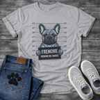 Blue French Bulldog mugshot illustration holding Frenchie Booking No 584932 sign graphic tee