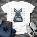 Blue French Bulldog mugshot illustration holding Frenchie Booking No 584932 sign graphic tee