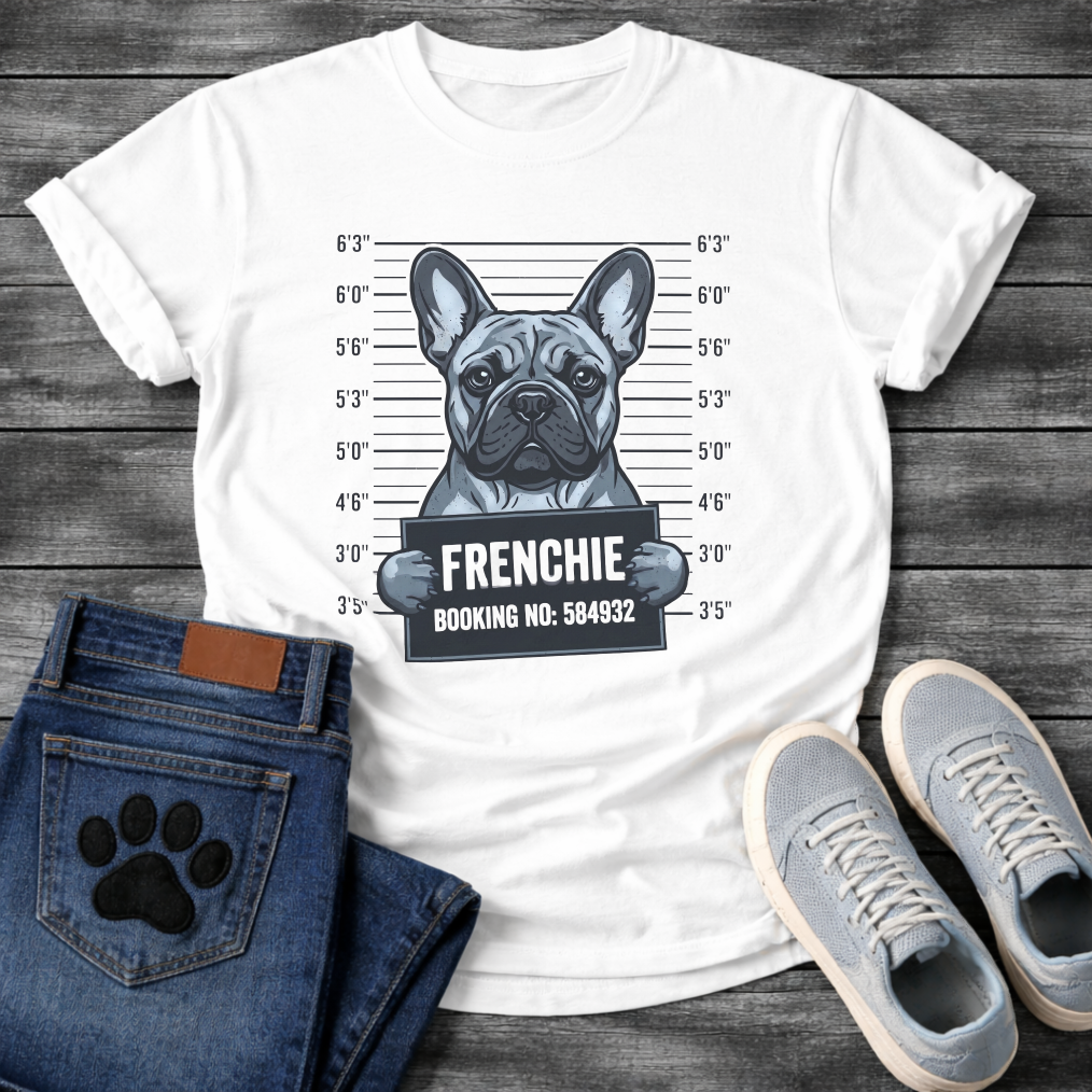 Blue French Bulldog mugshot illustration holding Frenchie Booking No 584932 sign graphic tee
