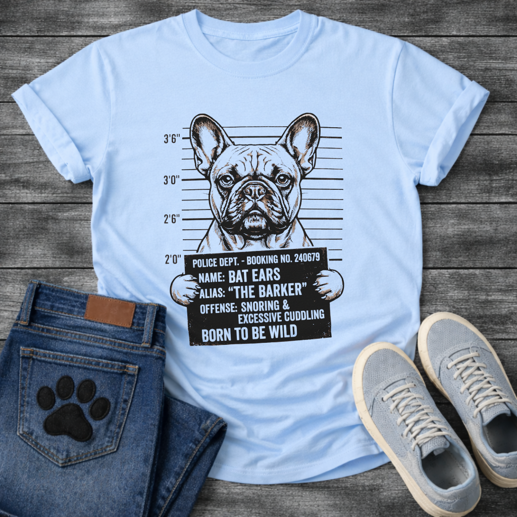 French Bulldog mugshot illustration holding police booking sign Name Bat Ears Alias The Barker Offense Snoring and Excessive Cuddling Born To Be Wild graphic tee