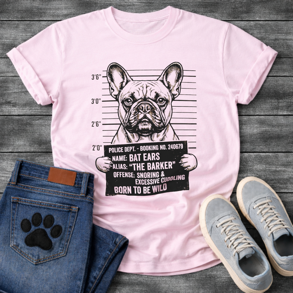 French Bulldog mugshot illustration holding police booking sign Name Bat Ears Alias The Barker Offense Snoring and Excessive Cuddling Born To Be Wild graphic tee