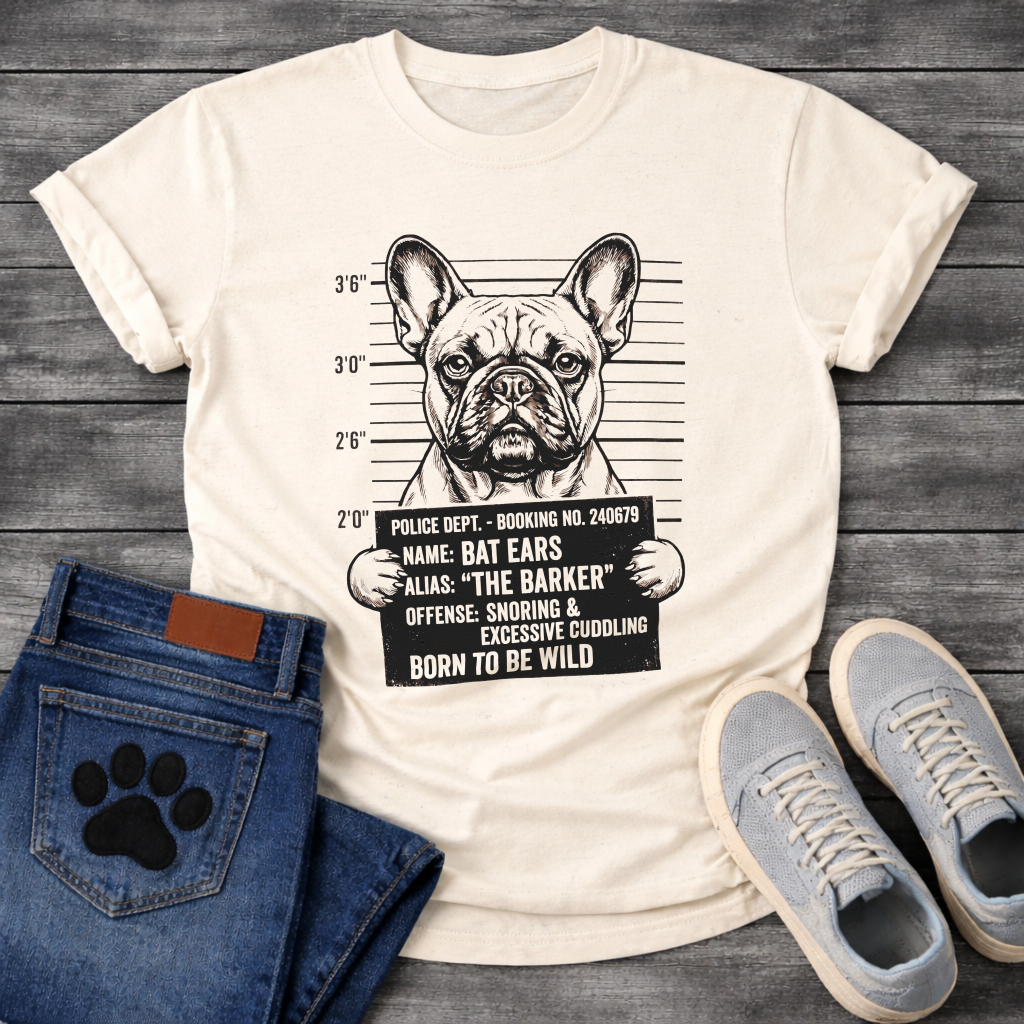 French Bulldog mugshot illustration holding police booking sign Name Bat Ears Alias The Barker Offense Snoring and Excessive Cuddling Born To Be Wild graphic tee