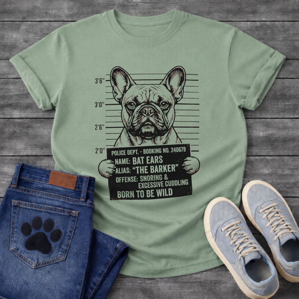 French Bulldog mugshot illustration holding police booking sign Name Bat Ears Alias The Barker Offense Snoring and Excessive Cuddling Born To Be Wild graphic tee