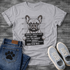 French Bulldog mugshot illustration holding police booking sign Name Bat Ears Alias The Barker Offense Snoring and Excessive Cuddling Born To Be Wild graphic tee