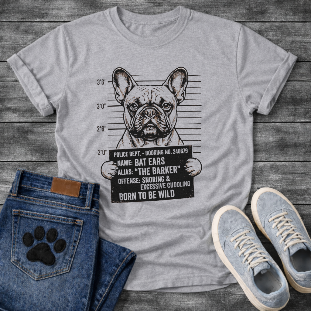 French Bulldog mugshot illustration holding police booking sign Name Bat Ears Alias The Barker Offense Snoring and Excessive Cuddling Born To Be Wild graphic tee
