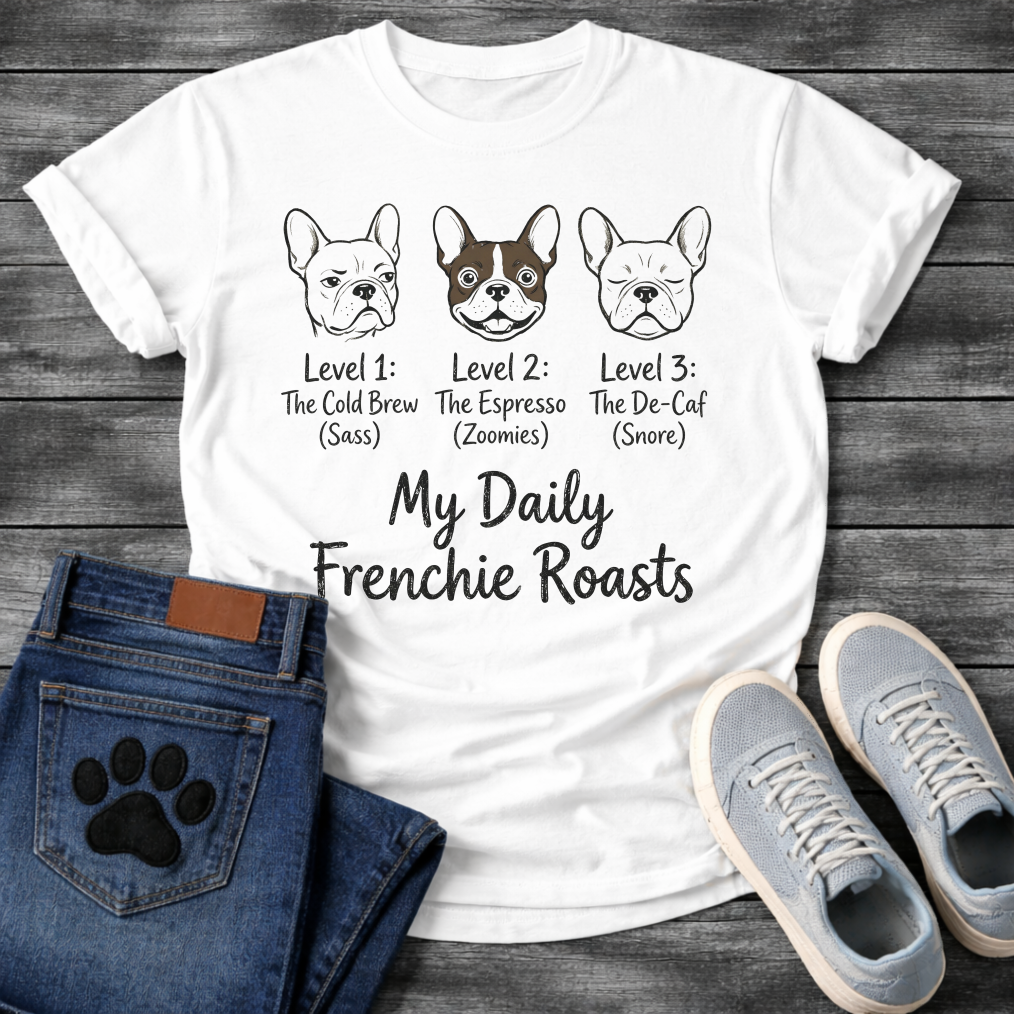 Three French Bulldogs My Daily Frenchie Roasts graphic tee showing Cold Brew Sass Espresso Zoomies and De-Caf Snore levels

