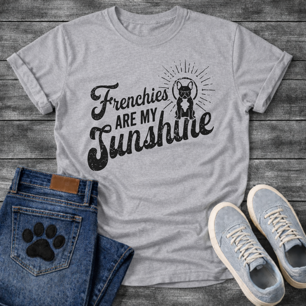 Are My Sunshine retro distressed script typography with French Bulldog sunburst graphic tee