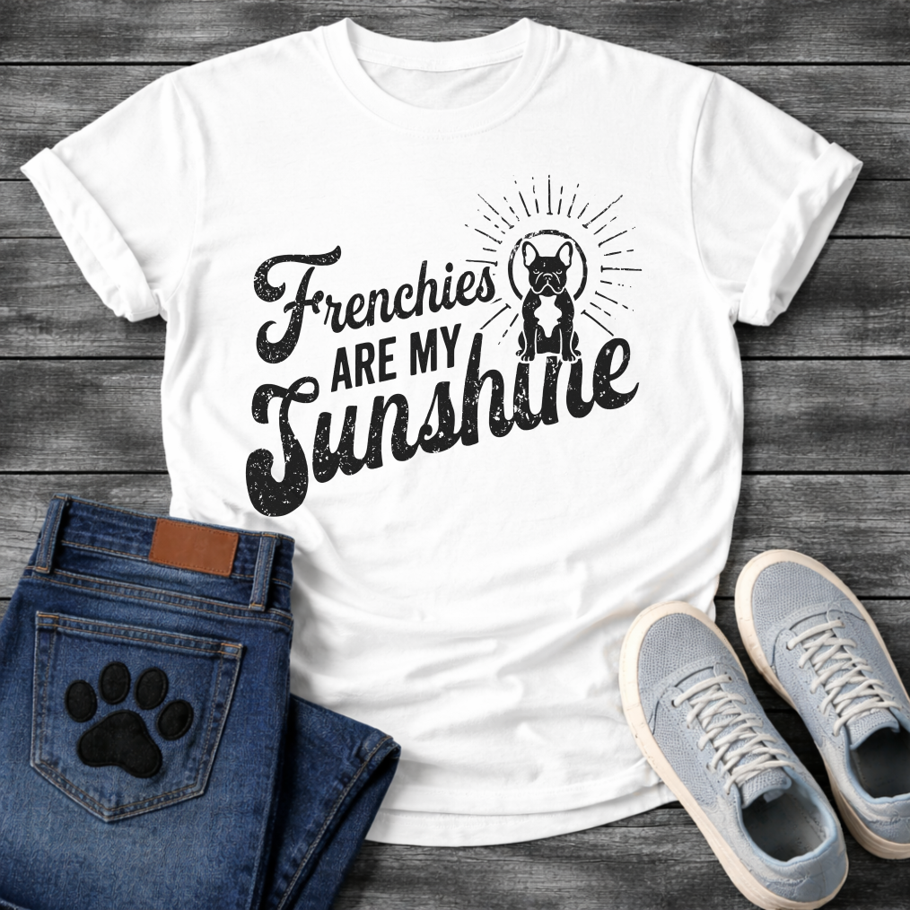Are My Sunshine retro distressed script typography with French Bulldog sunburst graphic tee