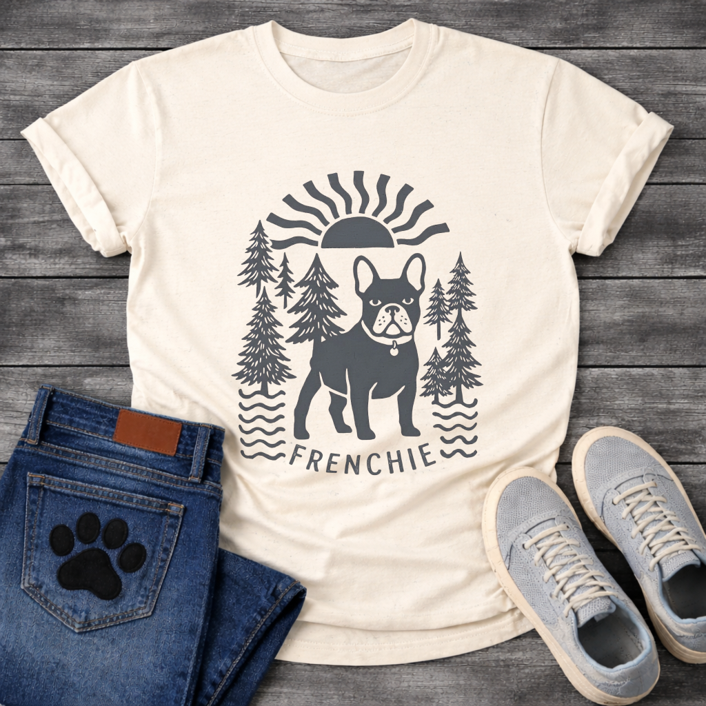 French Bulldog outdoor sun pine trees graphic dog shirt unisex tee