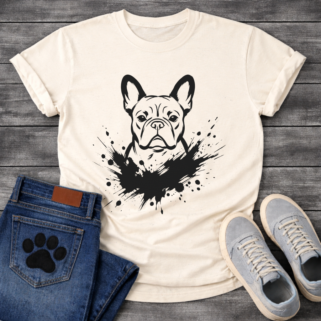 French Bulldog ink splash t-shirt - bold black ink splatter dignified Frenchie portrait emerging from ink explosion tee