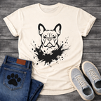 French Bulldog ink splash t-shirt - bold black ink splatter dignified Frenchie portrait emerging from ink explosion tee