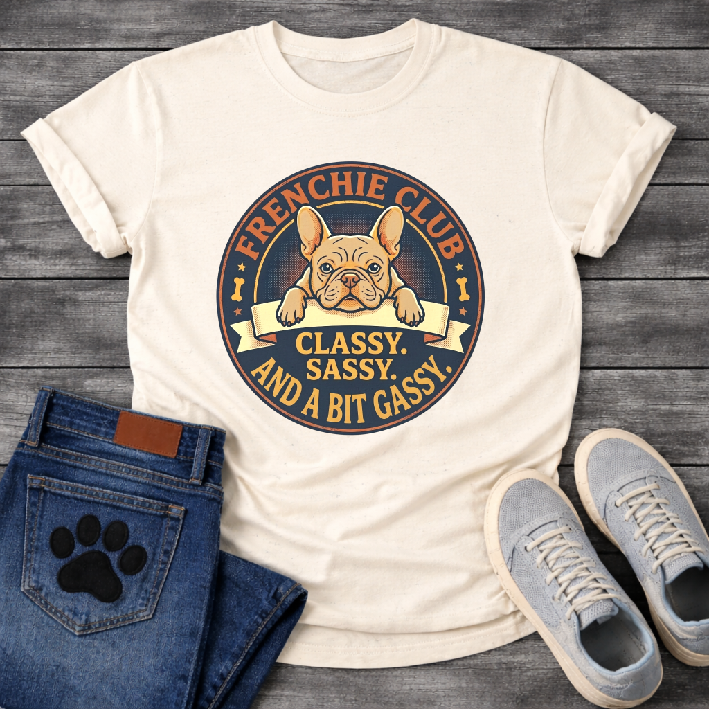 Frenchie Club Classy Sassy Bit Gassy full color fawn badge t-shirt funny French Bulldog shirt