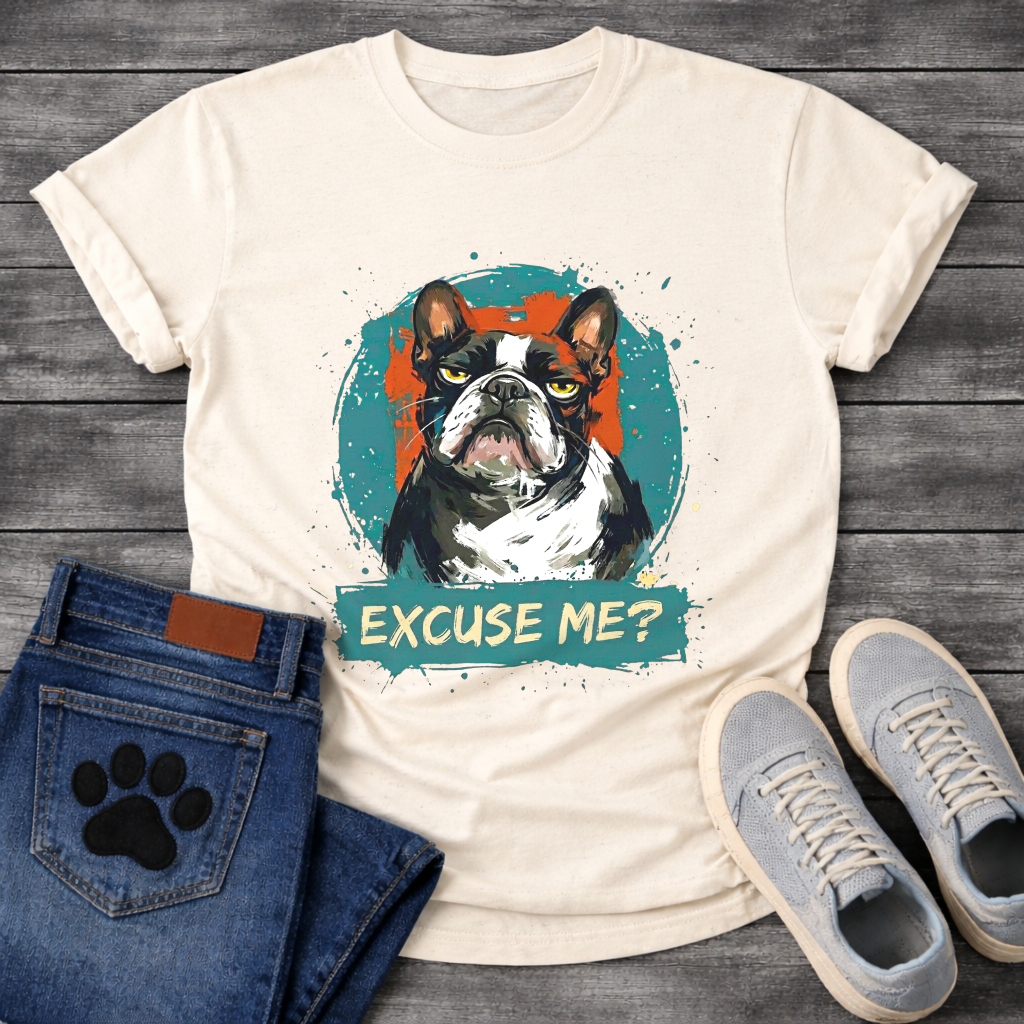 Excuse Me bold painterly French Bulldog graphic t-shirt natural teal orange funny dog shirt