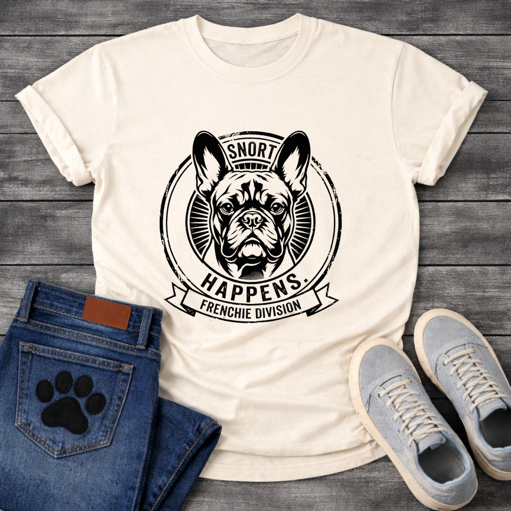 Snort Happens Frenchie Division stamp graphic natural t-shirt funny French Bulldog shirt