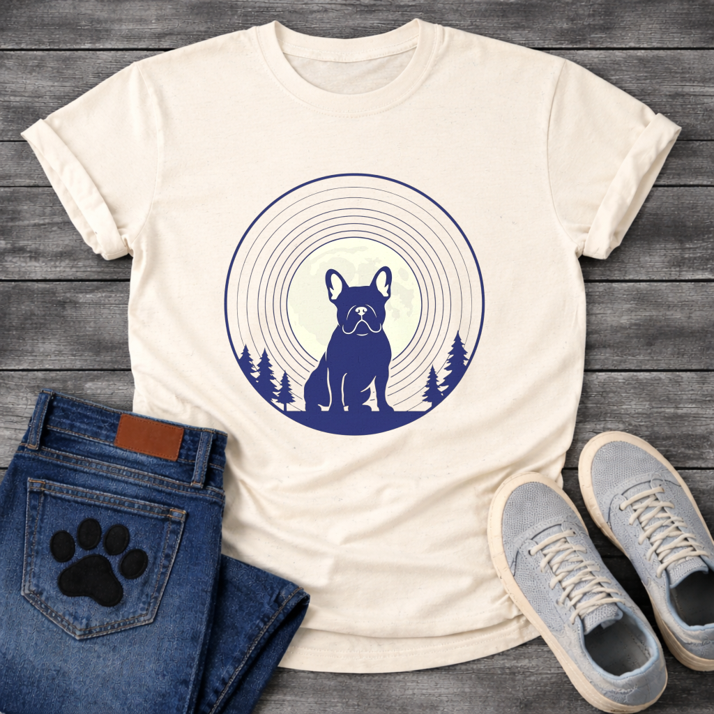 French Bulldog silhouette seated in front of a full moon with concentric rings and pine trees, navy and cream circular badge graphic tee