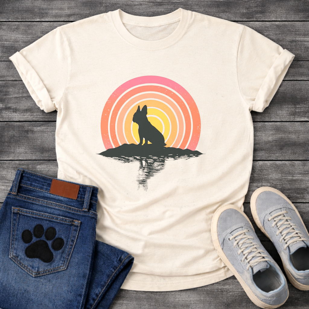 Frenchie silhouette retro concentric sunset reflection t-shirt white pet lover apparel dog lover gift