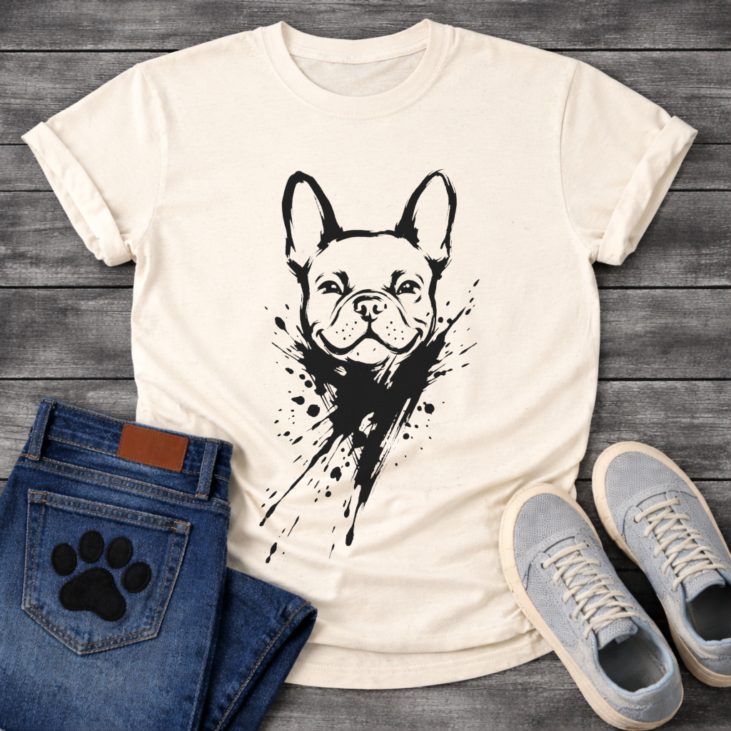 French Bulldog ink splash t-shirt - Sumi-e black ink splatter Frenchie emerging from ink explosion graphic tee