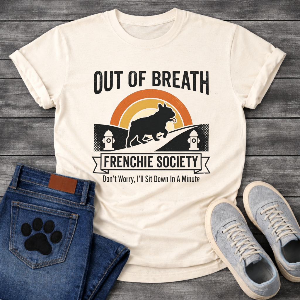 Out of Breath Frenchie Society retro badge t-shirt funny French Bulldog pet lover apparel