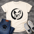 Japanese Sumi-e enso French Bulldog t-shirt - black ink brush art Frenchie portrait in enso circle on natural tee