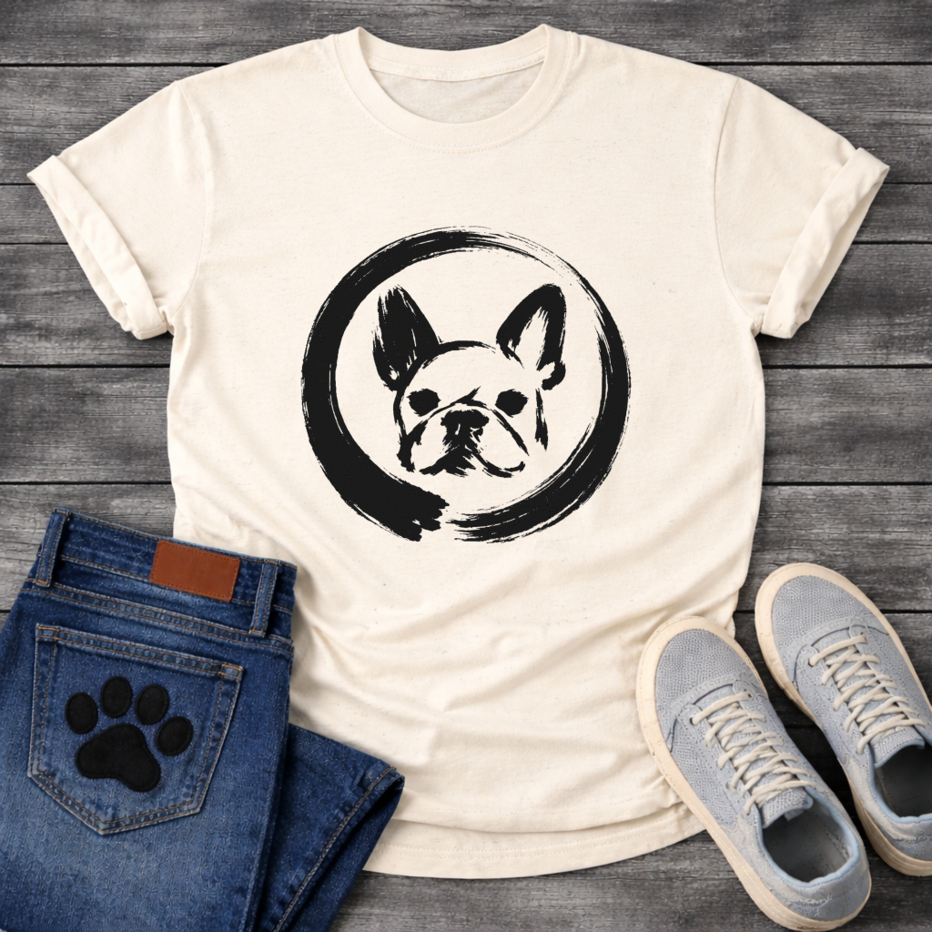 Japanese Sumi-e enso French Bulldog t-shirt - black ink brush art Frenchie portrait in enso circle on natural tee