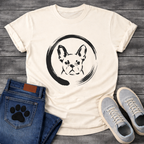 Japanese Sumi-e enso French Bulldog t-shirt - black ink brush art Frenchie portrait in enso circle on natural tee