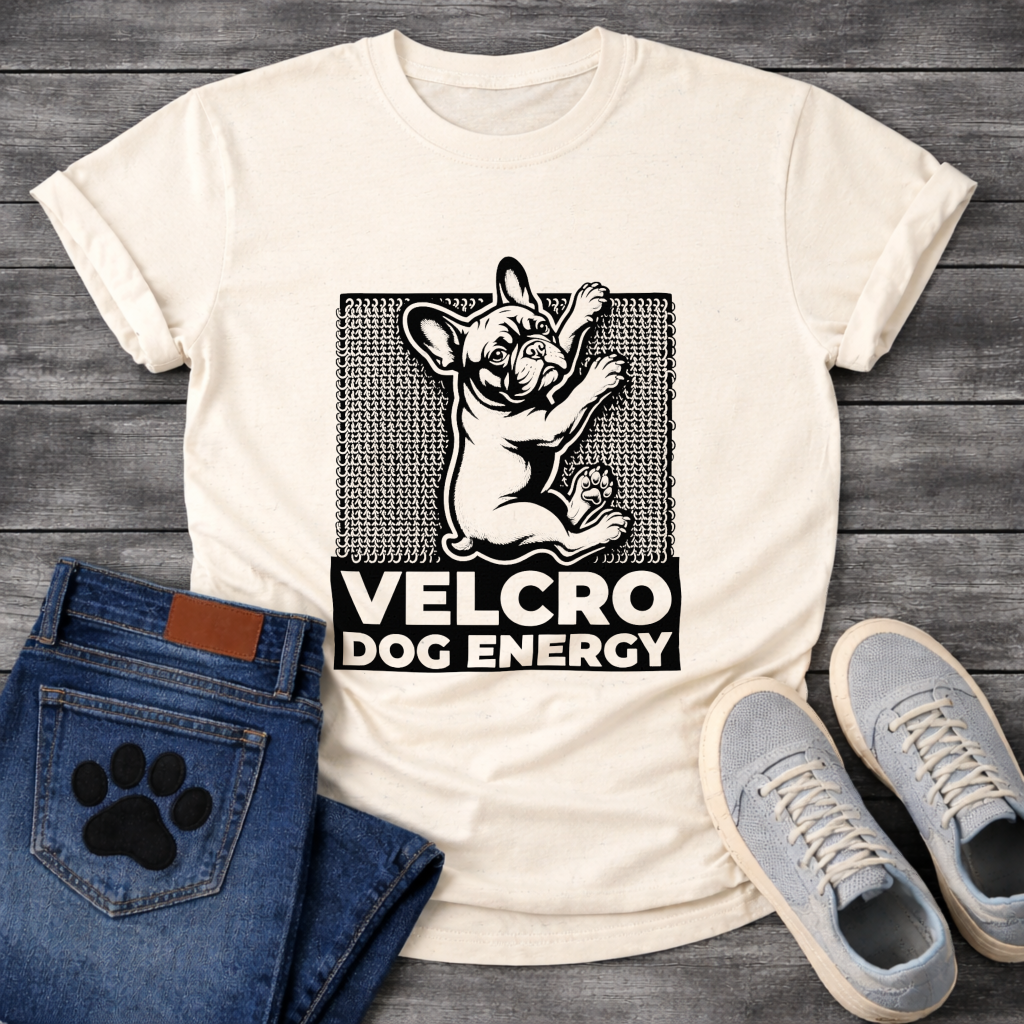Velcro Dog Energy French Bulldog clinging graphic t-shirt funny dog shirt
