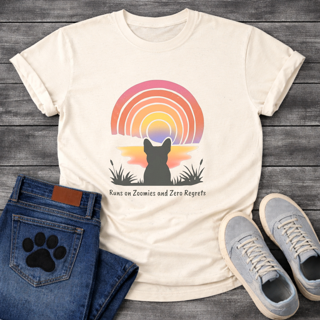 Runs on Zoomies and Zero Regrets French Bulldog sunset t-shirt white pet lover apparel funny dog shirt