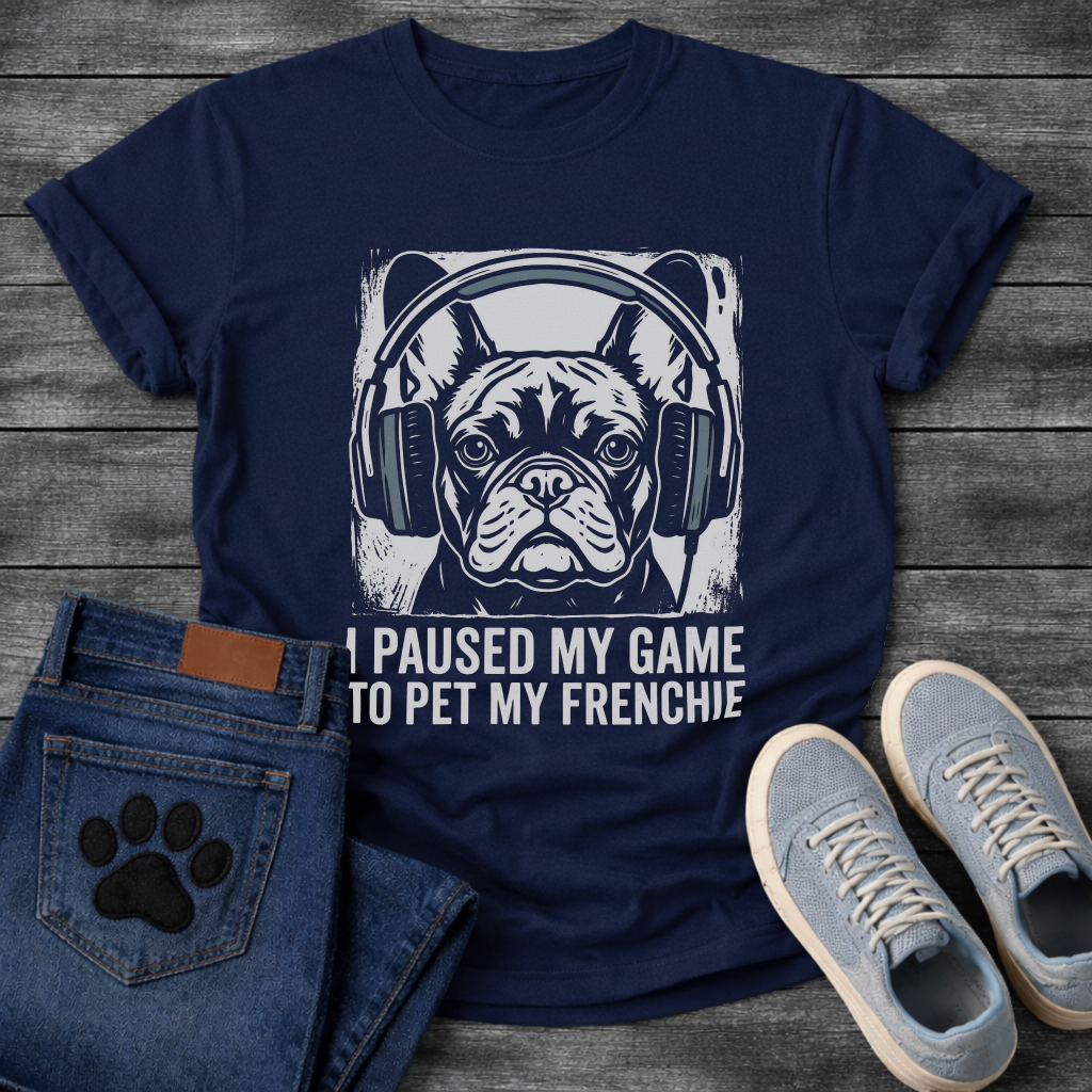 French Bulldog gaming headphones stamp print graphic tee, white ink linocut illustration