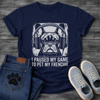 French Bulldog gaming headphones stamp print graphic tee, white ink linocut illustration