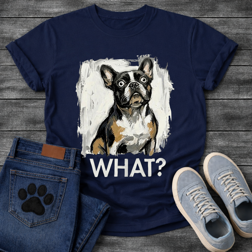 French Bulldog painterly graphic tee with bold WHAT text