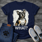 French Bulldog painterly graphic tee with bold WHAT text