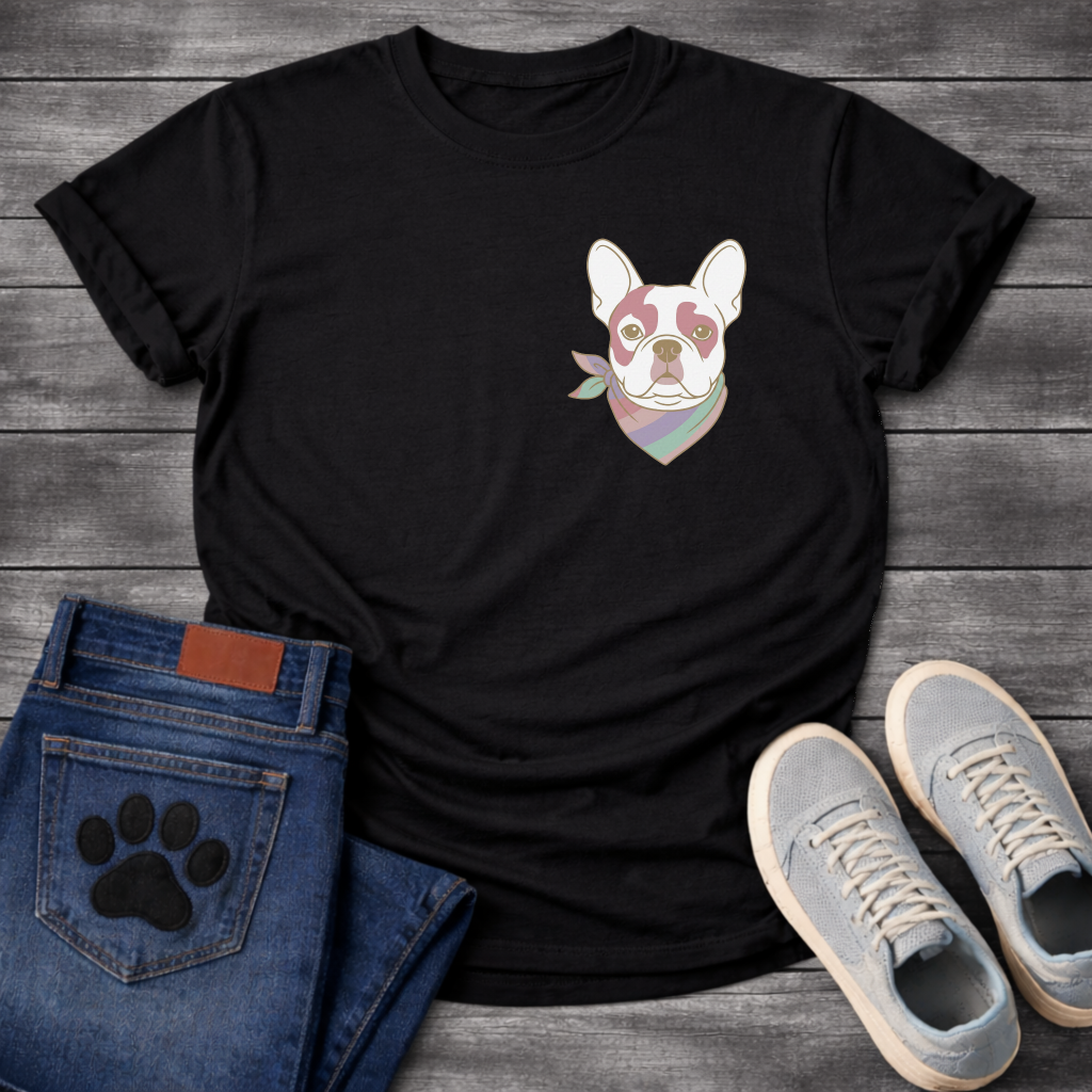 French Bulldog portrait with pastel striped neckerchief scarf line art pocket graphic tee

