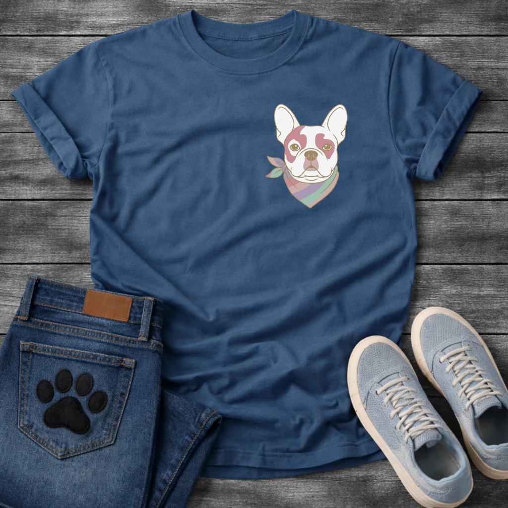 French Bulldog portrait with pastel striped neckerchief scarf line art pocket graphic tee

