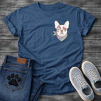 French Bulldog portrait with pastel striped neckerchief scarf line art pocket graphic tee

