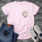 French Bulldog portrait with pastel striped neckerchief scarf line art pocket graphic tee

