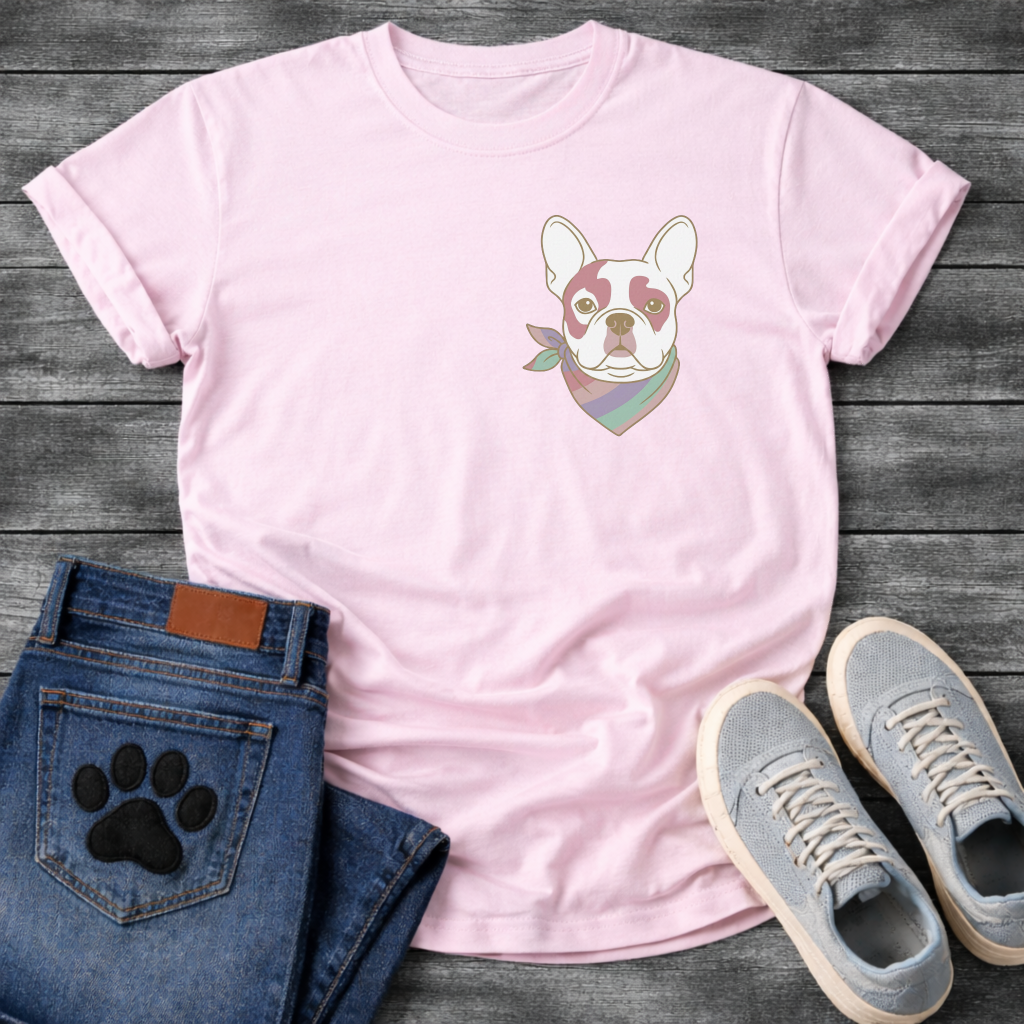 French Bulldog portrait with pastel striped neckerchief scarf line art pocket graphic tee


