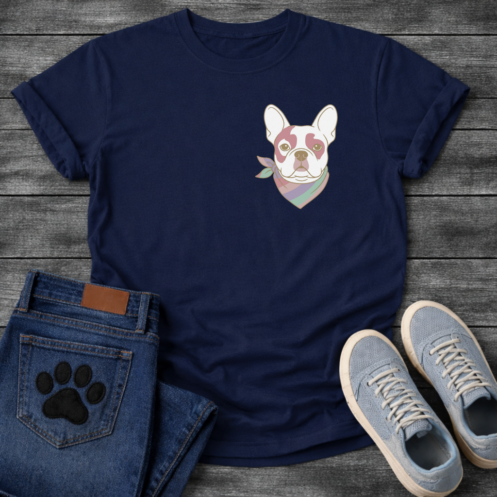 French Bulldog portrait with pastel striped neckerchief scarf line art pocket graphic tee

